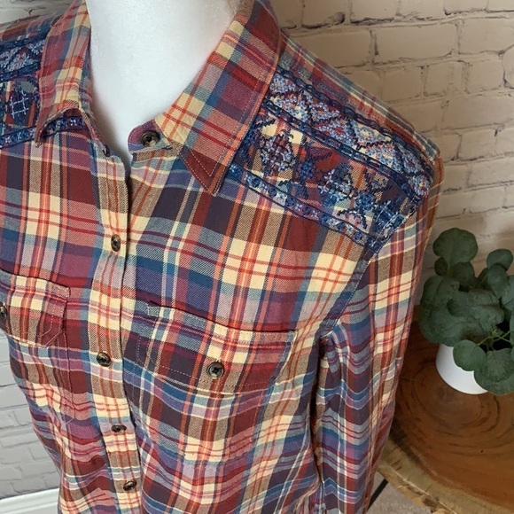 Chaps Flannel Top with Embroidery Detail on Shoulders - Picture 8 of 13